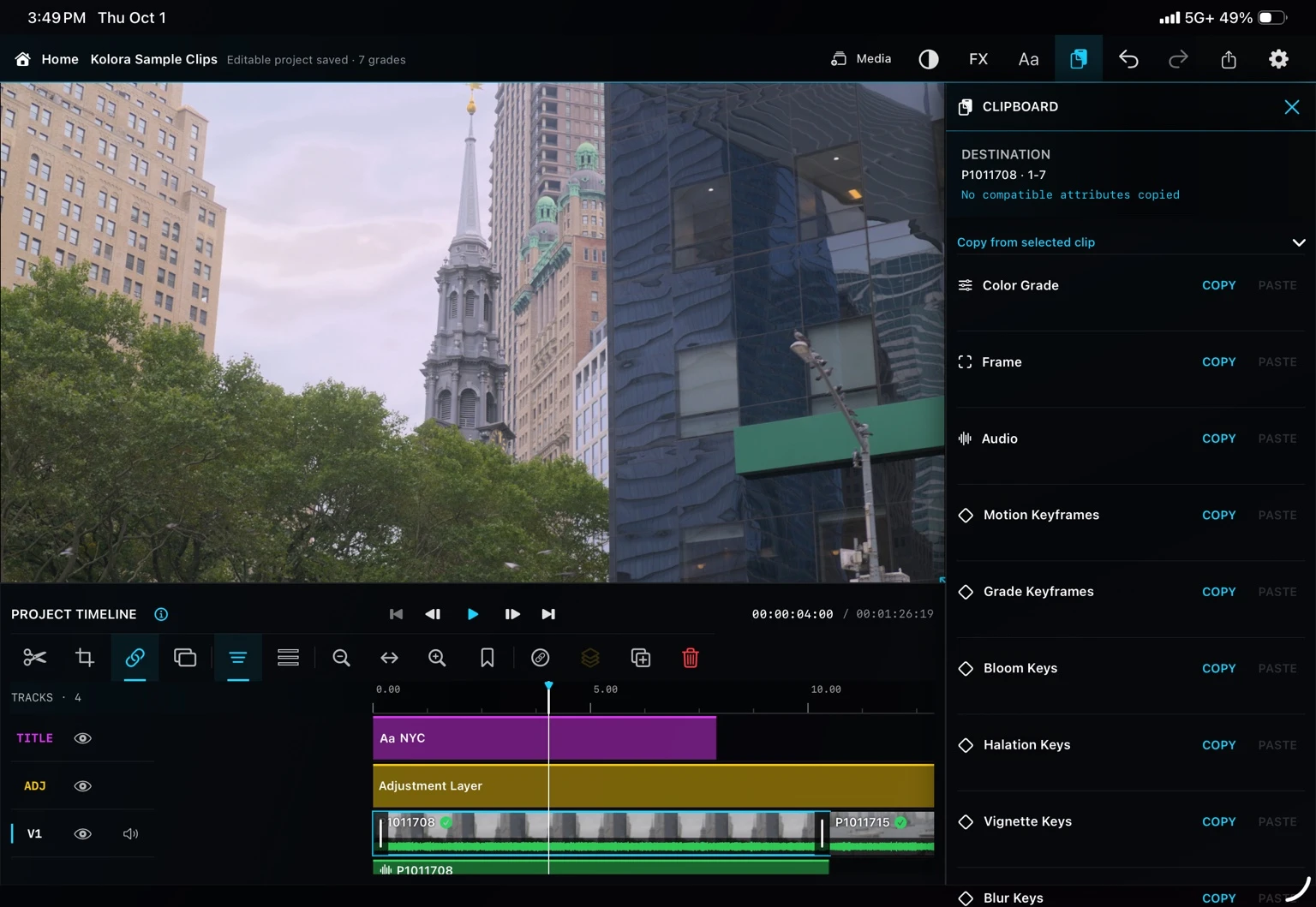 Kolora shared clipboard for grades, frames, audio and keyframes