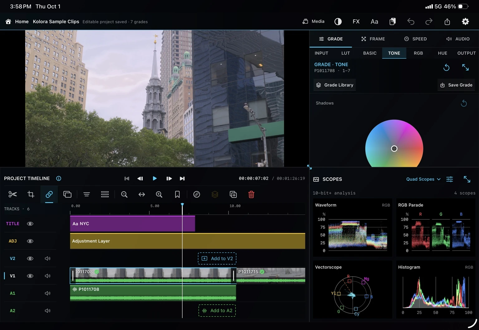 Kolora editing workspace with Title and Adjustment layers and four visible scopes