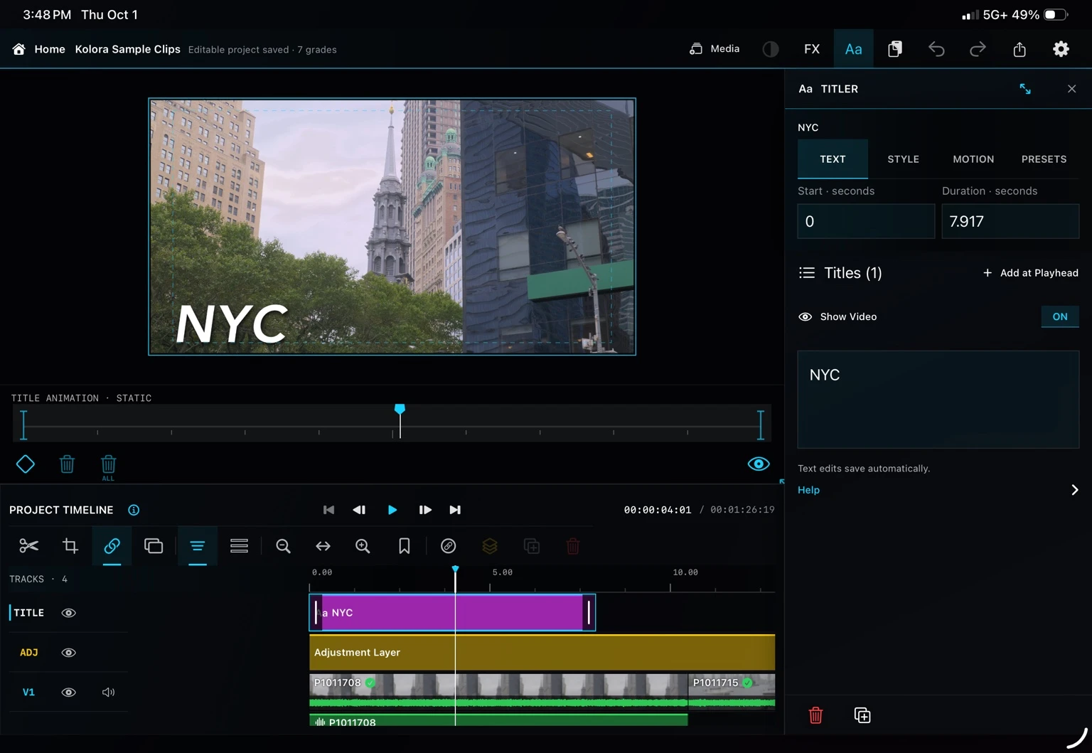 Kolora titler with NYC text, title timing and editable title layer