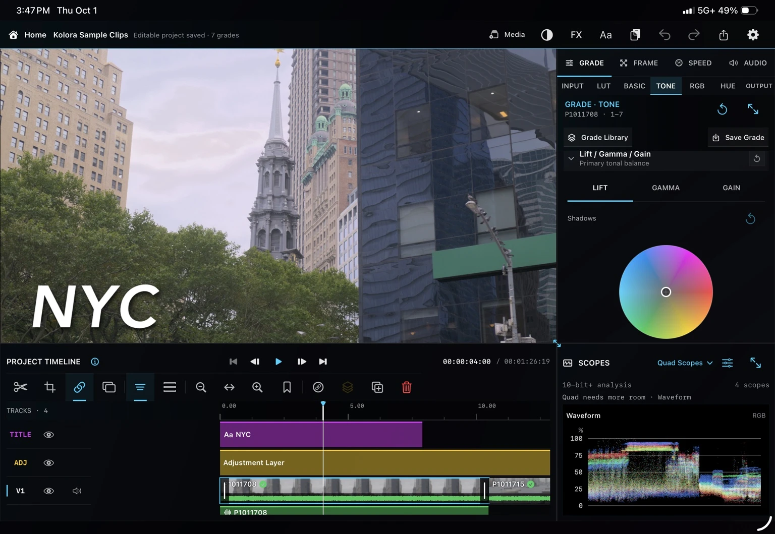 Kolora color grading workspace with a color wheel and waveform scope