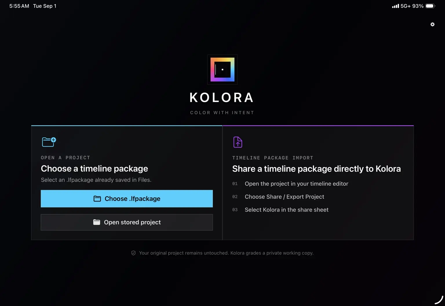 Kolora Open a Project screen