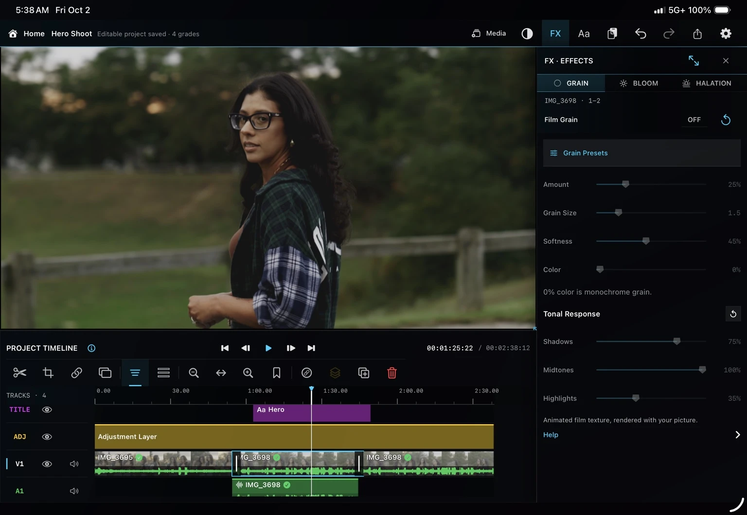 Kolora cinematic effects workspace with film grain controls