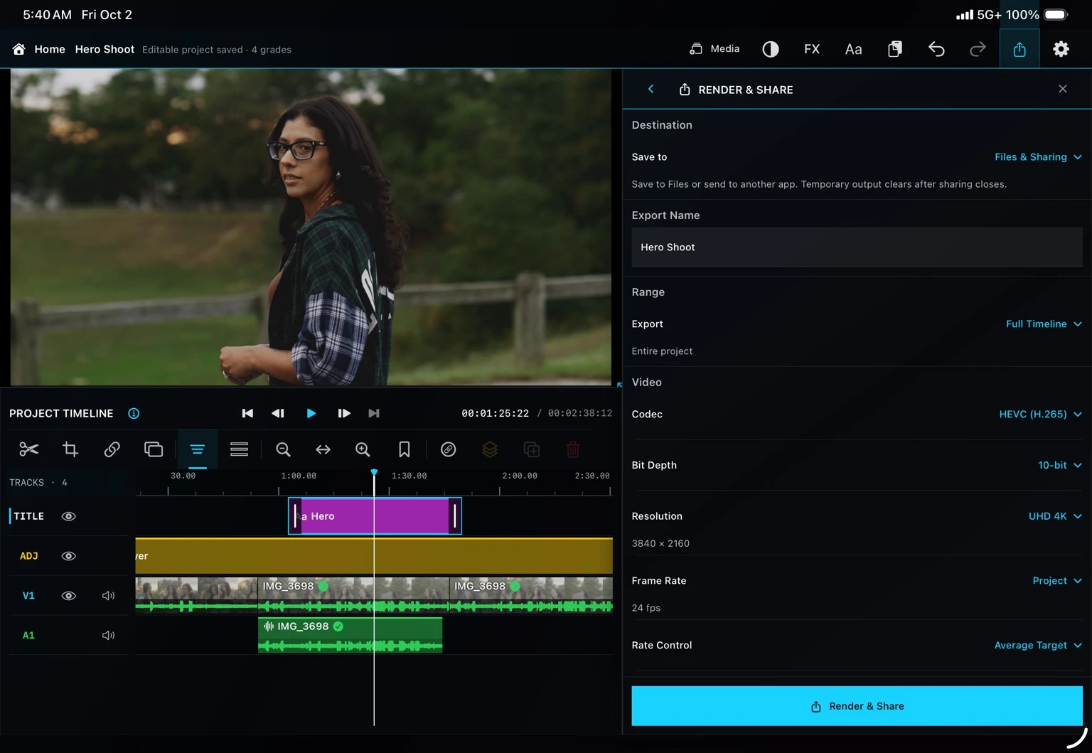 Kolora export controls for codec, bit depth, resolution, frame rate and color space
