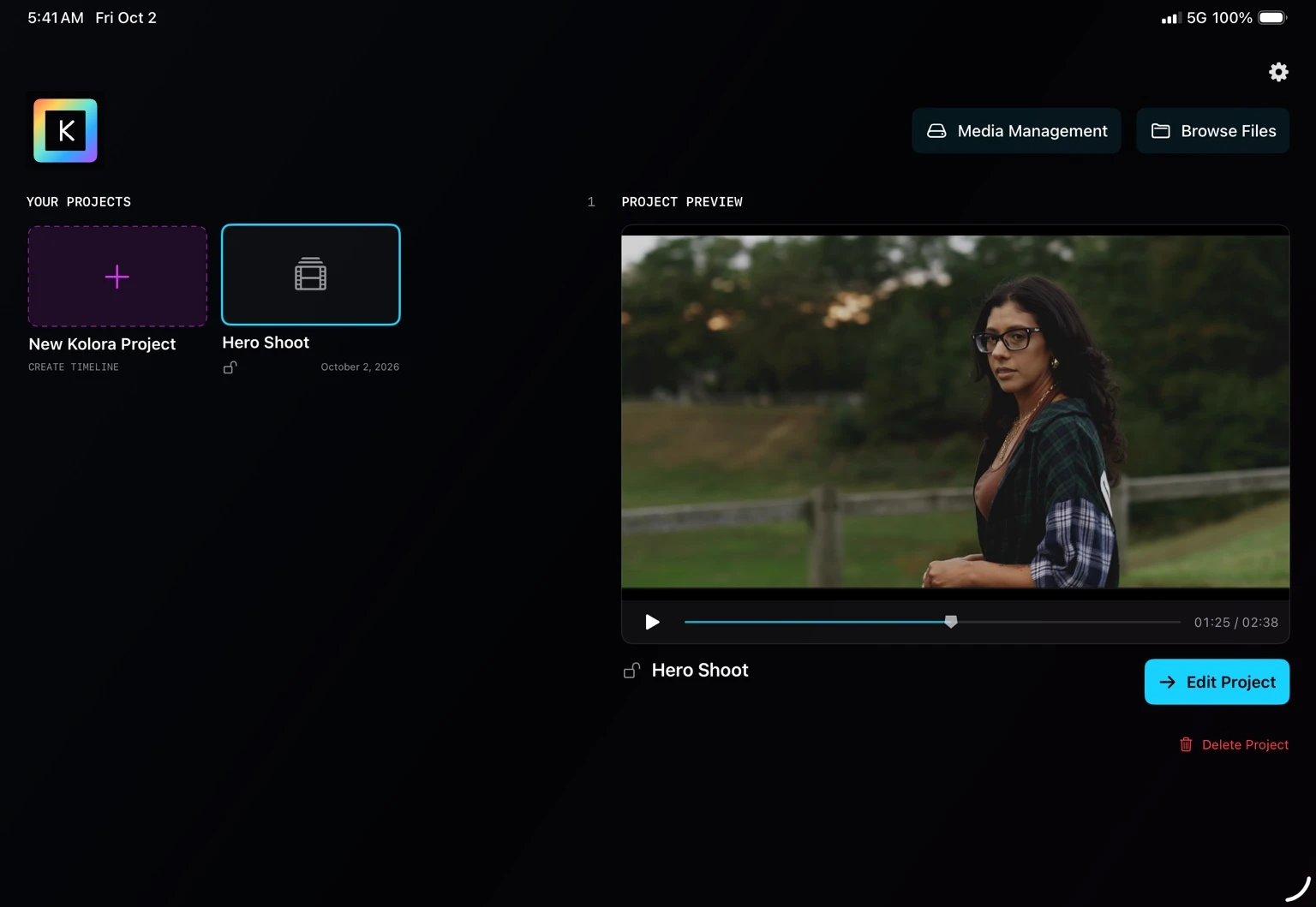 Kolora Project Home with project gallery, video preview, Browse Files and Media Management