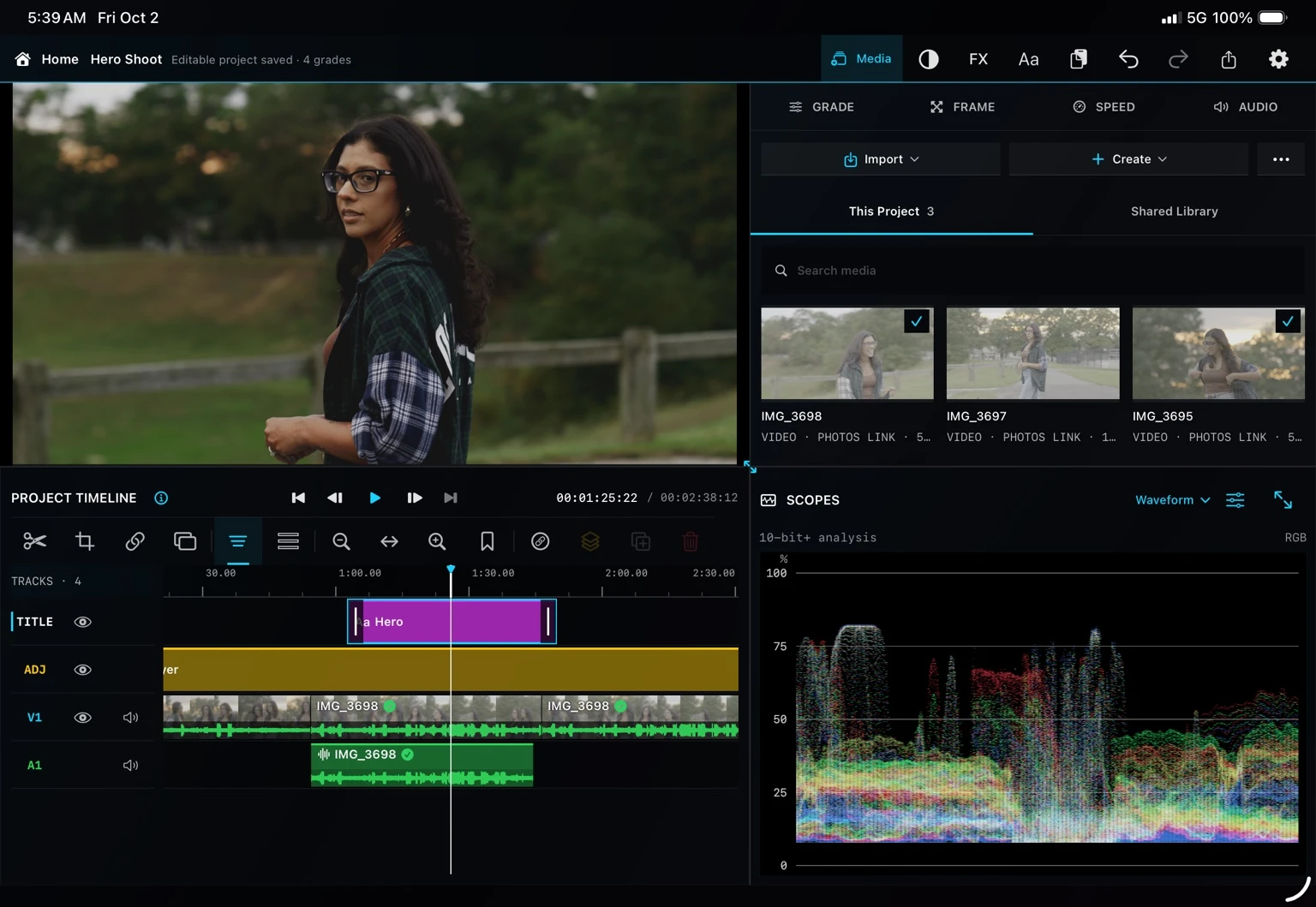 Kolora project media browser with portrait footage, timeline and waveform scope