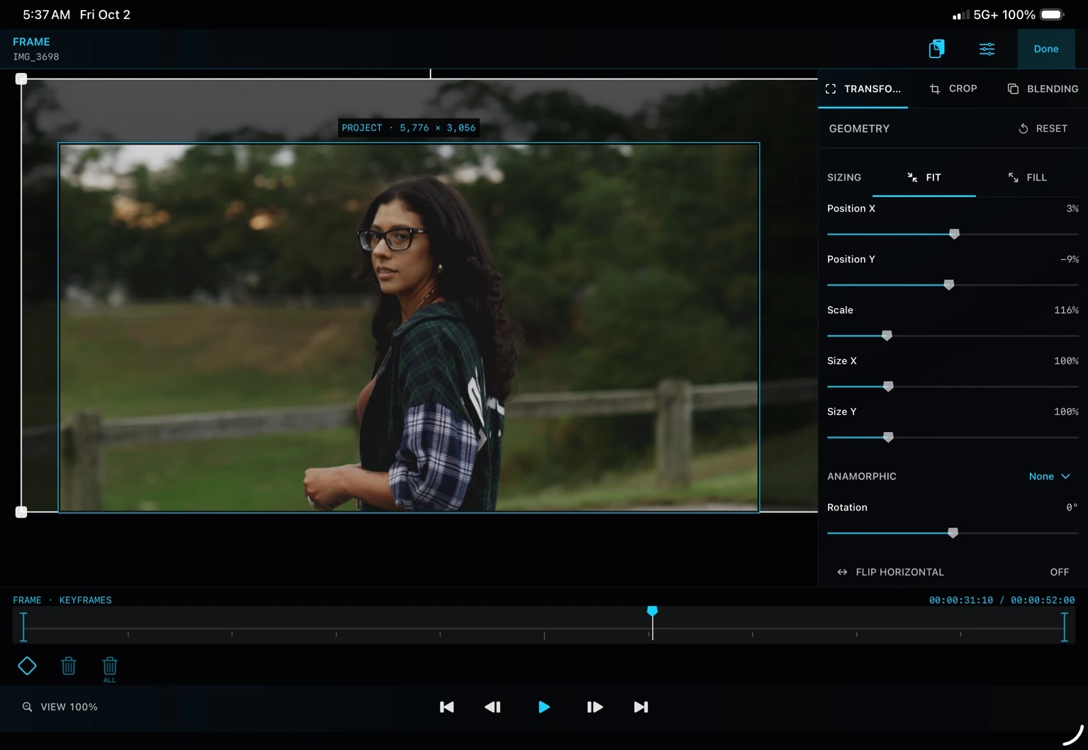 Kolora full-screen transform workspace with portrait footage and frame keyframes