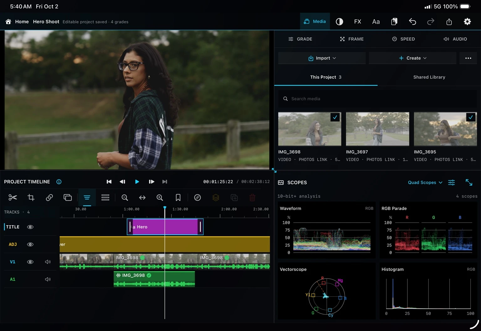 Kolora portrait editing workspace with media browser, layered timeline, waveform, RGB parade, vectorscope and histogram
