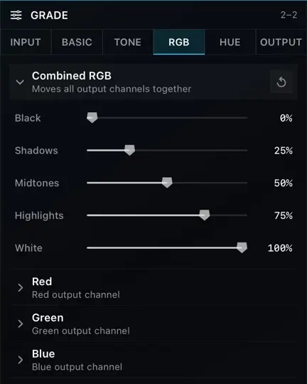 Kolora RGB panel with combined black, shadows, midtones, highlights and white controls